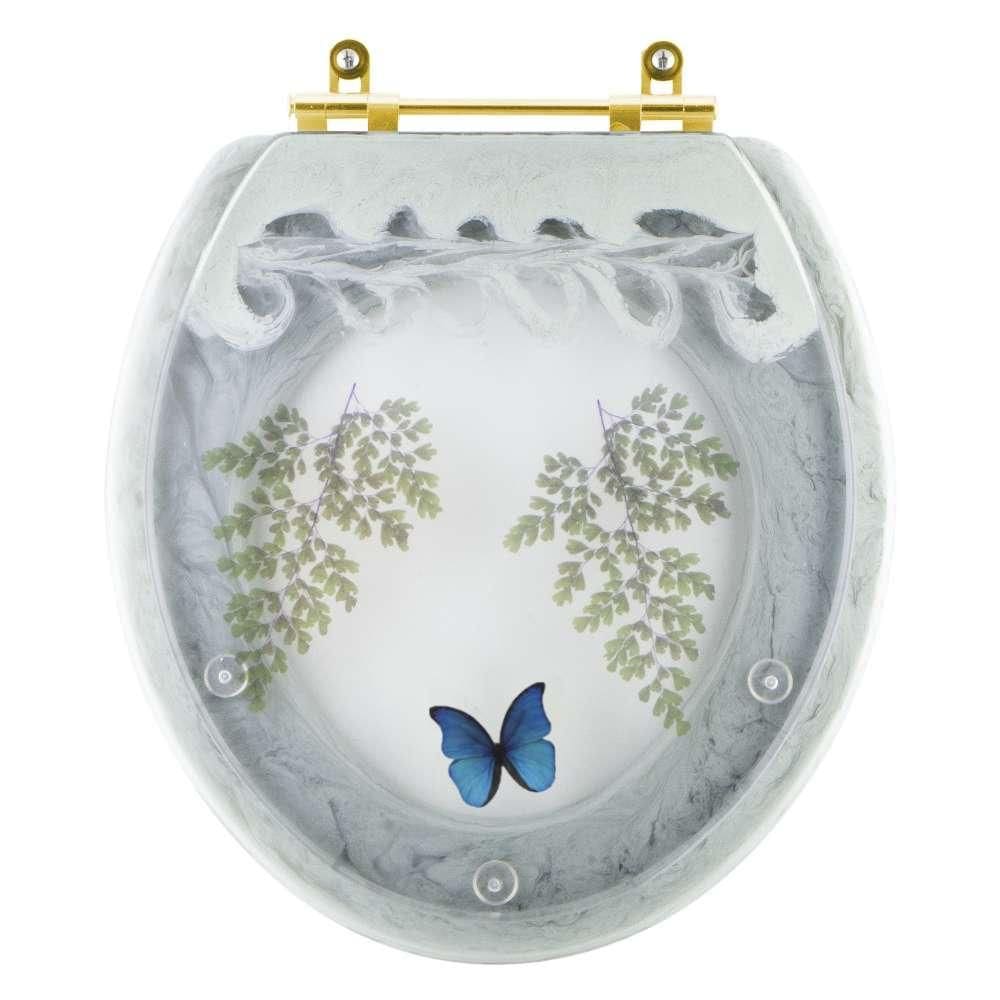 Assento Sanitário Decorado Oval Convencional Verde Agua Com Borboleta Azul Com Ferragem Dourada