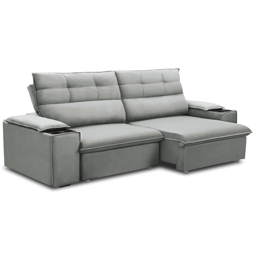 Sofá Retrátil Reclinável Para Sala 3 Lugares 225cm Gordon F04 Veludo Cinza Claro - Lyam Decor