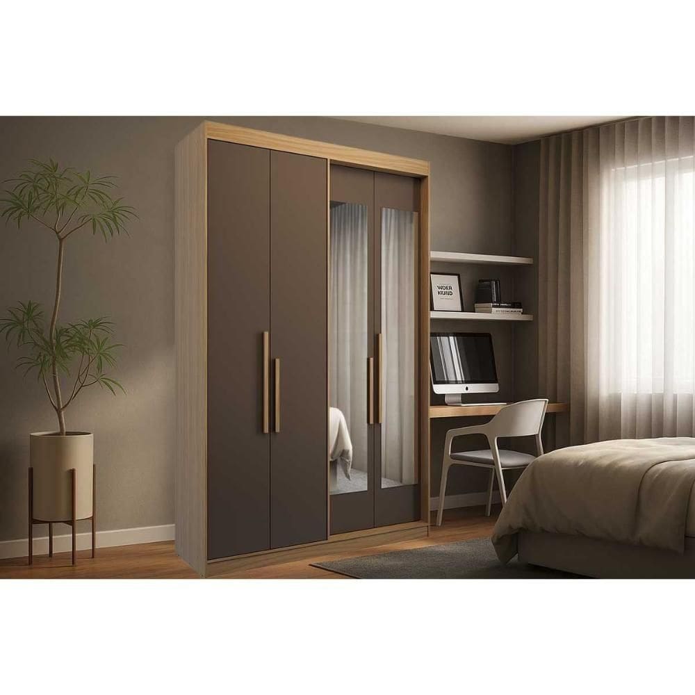Guarda Roupa Solteiro 4 Portas (2 C/ Espelho) E 2 Gavetas Ph 1805 Cedro/fendi - Herval