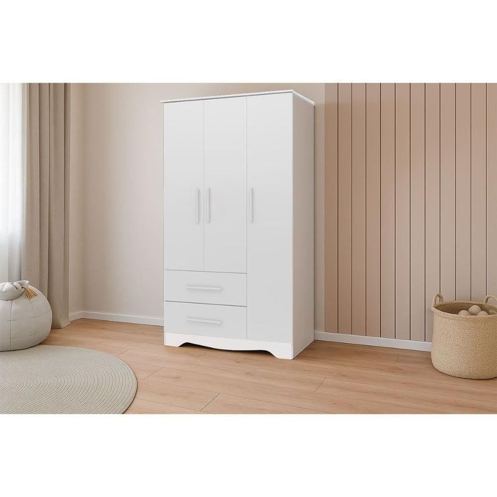 Guarda Roupa 3 Portas C/ E 2 Gavetas Popy Retrô Branco - Peroba