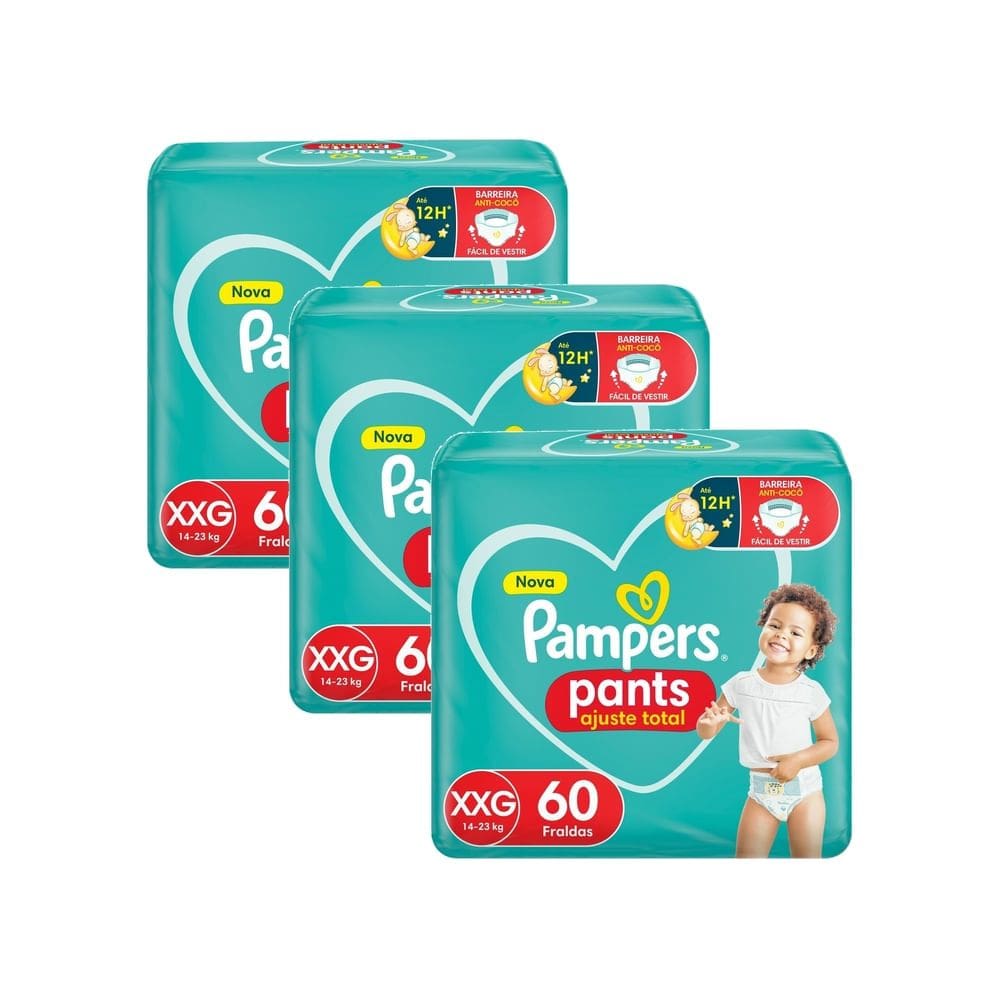Kit 3 Fralda Pampers Pants Ajuste Total Tamanho XXG com 60 Unidades