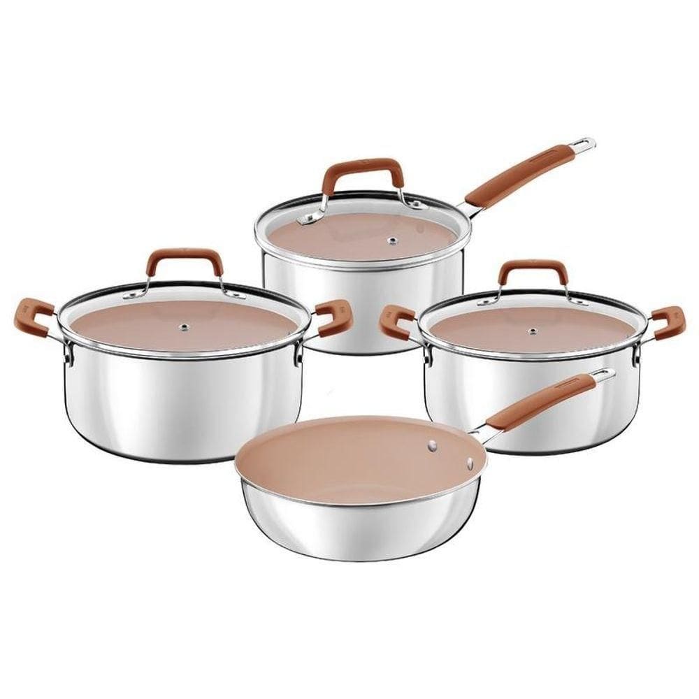 Jogo De Panelas Tramontina Romagna Aço Inox Com Revestimento Interno Cerâmico Marfim 4 Peças