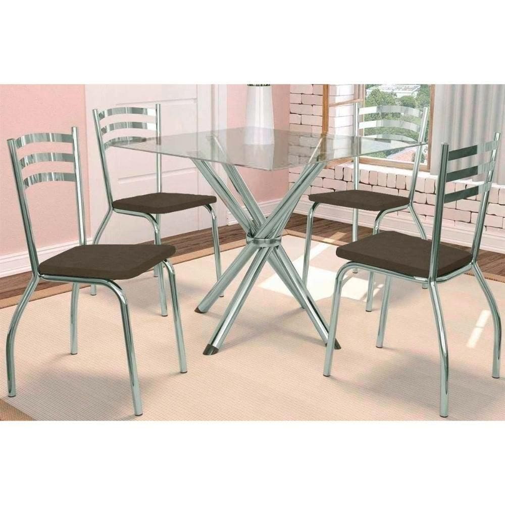 Sala De Jantar Completa Volga C/ Tampo De Vidro 90cm E 4 Cadeiras Portugal Cromada - Courano Marrom - Kappesberg