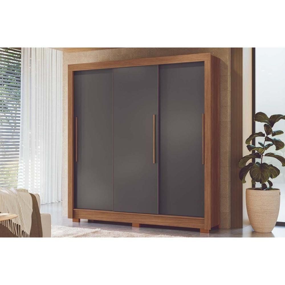 Guarda Roupa Casal 3 Portas De Correr E 2 Gavetas C/ Pés Maringá Jatobá/grafite - Santos Andirá