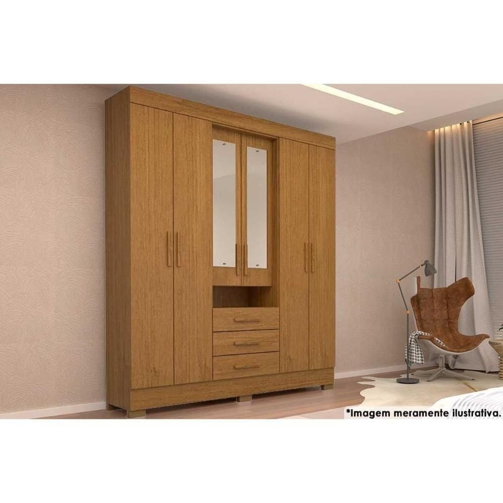 Guarda Roupa Solteiro 6 Portas (2 C/ Espelho) E 3 Gavetas Débora Cinamomo - Acp
