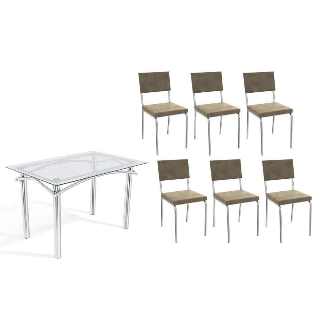 Sala De Jantar Completa Elba C/ Tampo De Vidro 120cm E 6 Cadeiras Zaria Cromada - Suede Bege - Kappesberg
