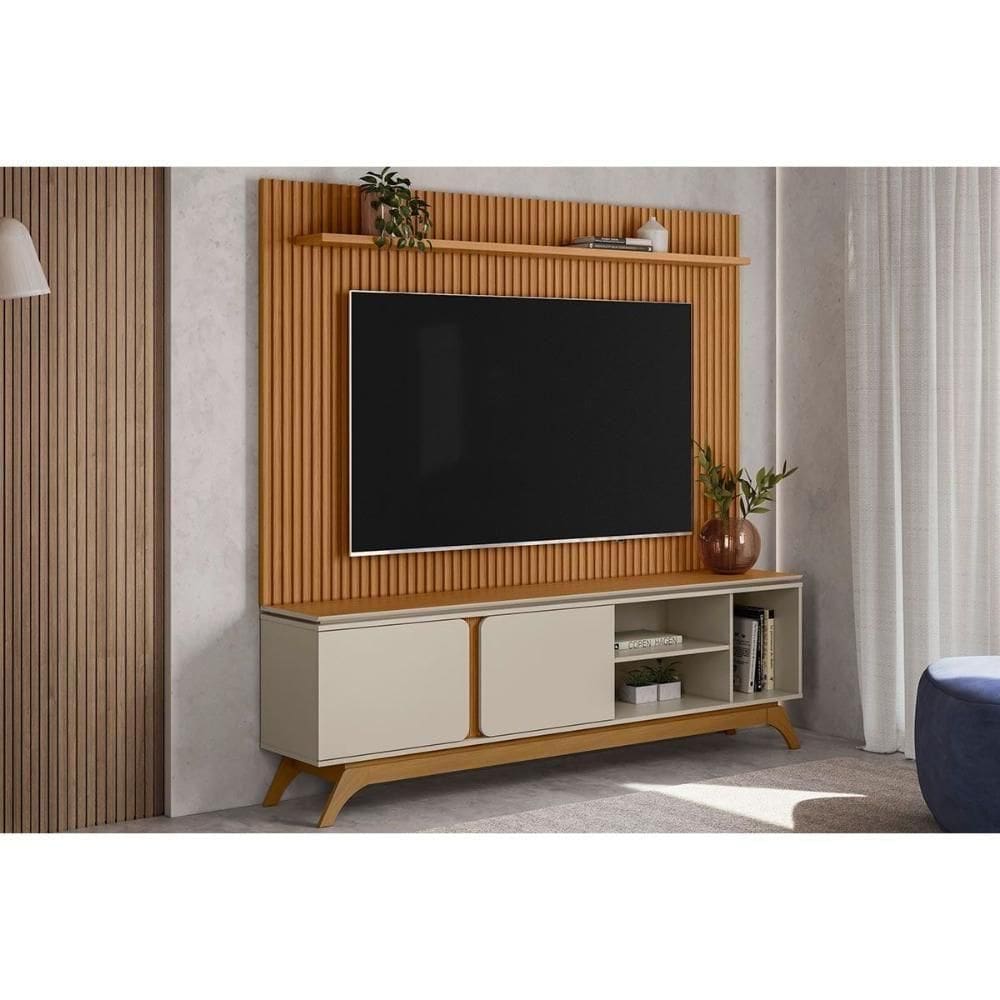 Rack Bancada C/ Painel P/ Tv Até 75 Pol Istambul/genova 2 Pta 1 Prat Pés 200x194cm Nature/off White - Linea Brasil