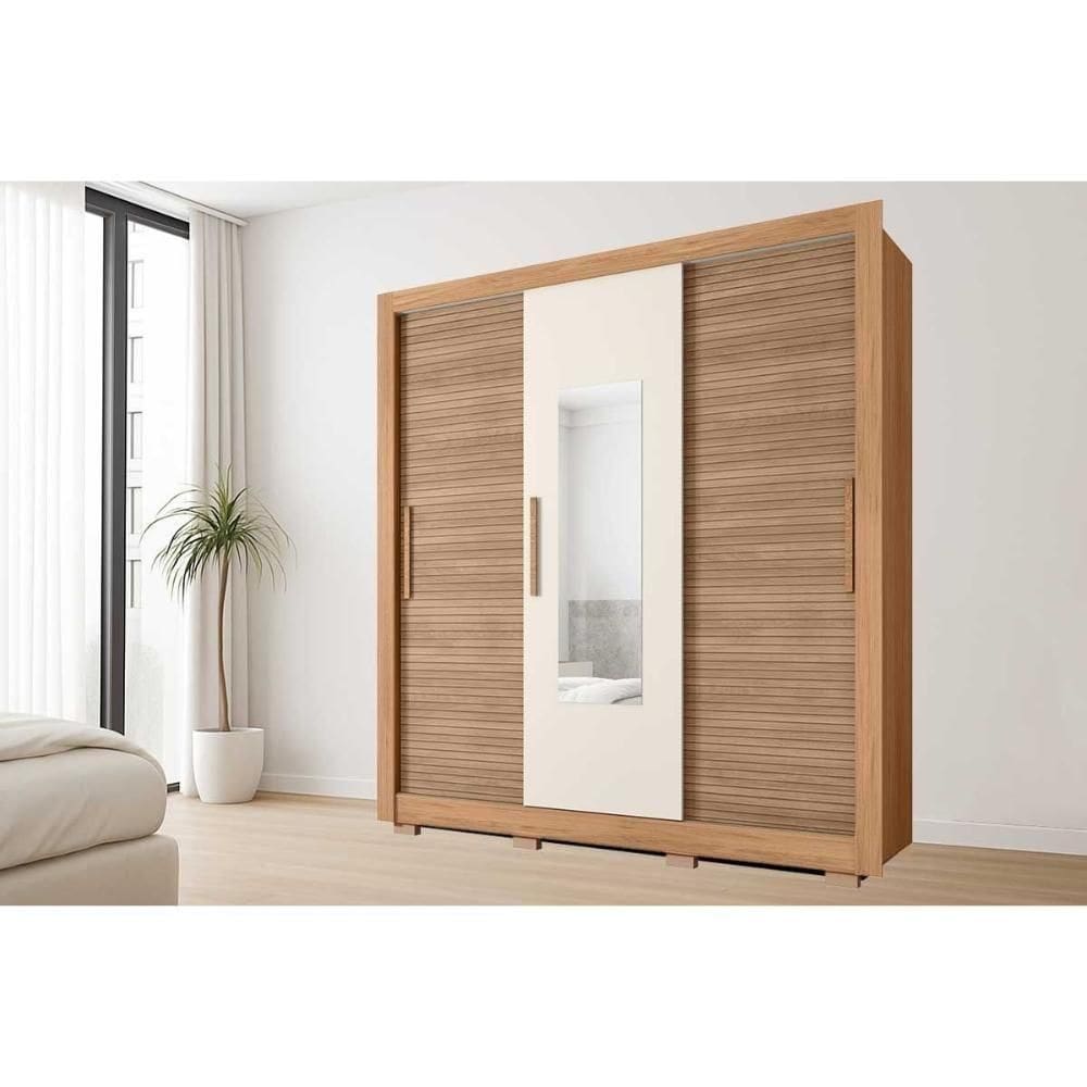 Guarda Roupa Casal 3 Portas De Correr (1 C/ Espelho) E 2 Gavetas Chile Freijo/off White - Caemmun