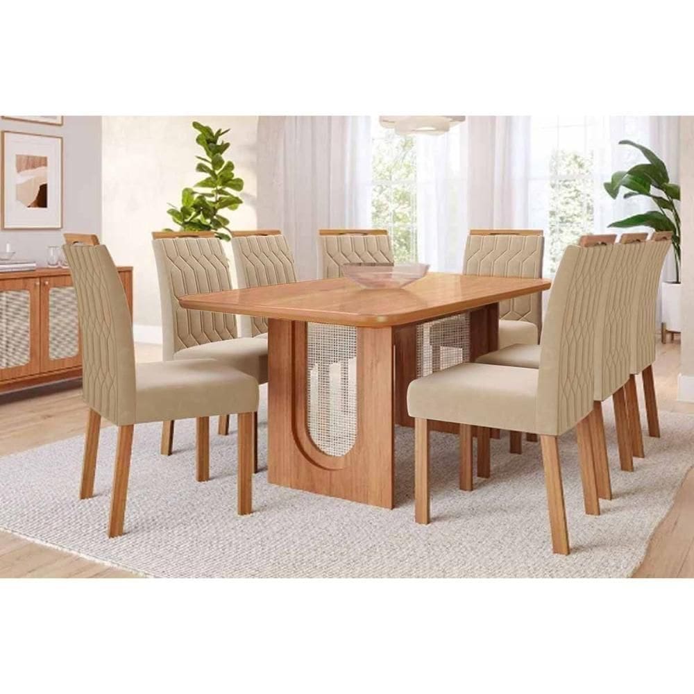 Sala De Jantar Completa Valentina C/ Tampo Madeirado 210x100cm E 8 Cadeiras Paola Cinamomo - Carvalho/linho Bege - Cimol