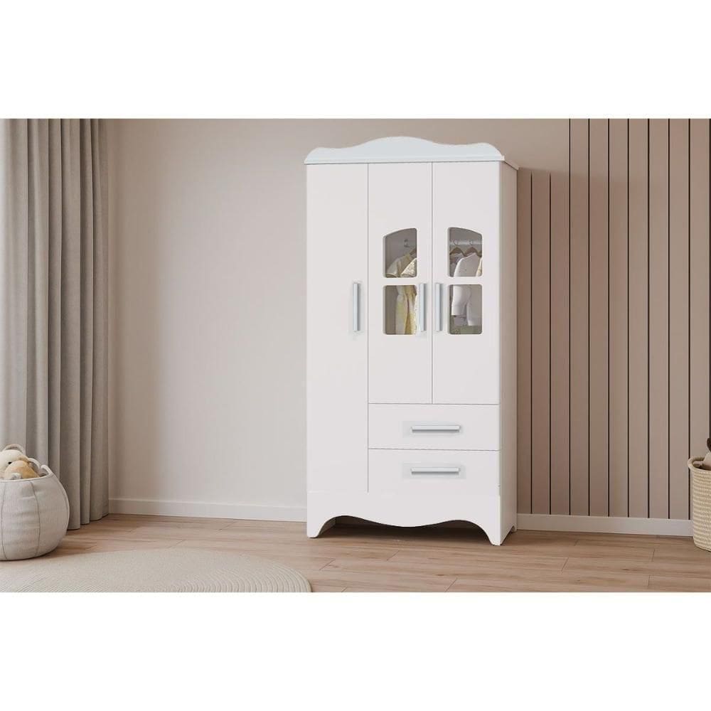 Guarda Roupa Bebê C/ 3 Portas (2 Cristal) E 2 Gavetas Lisi Branco - Peroba