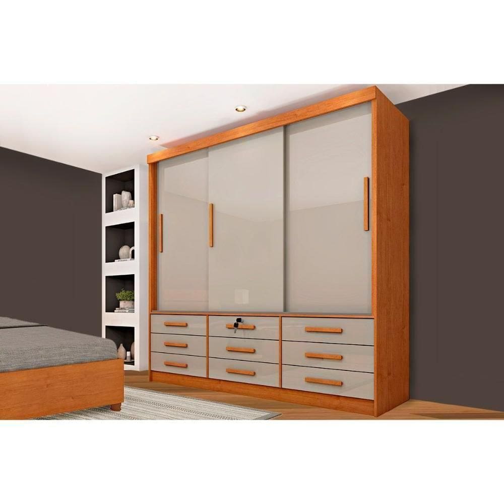 Guarda Roupa Solteiro 3 Portas De Correr E 9 Gavetas Chicago Cinamomo/off White - Tcil Móveis