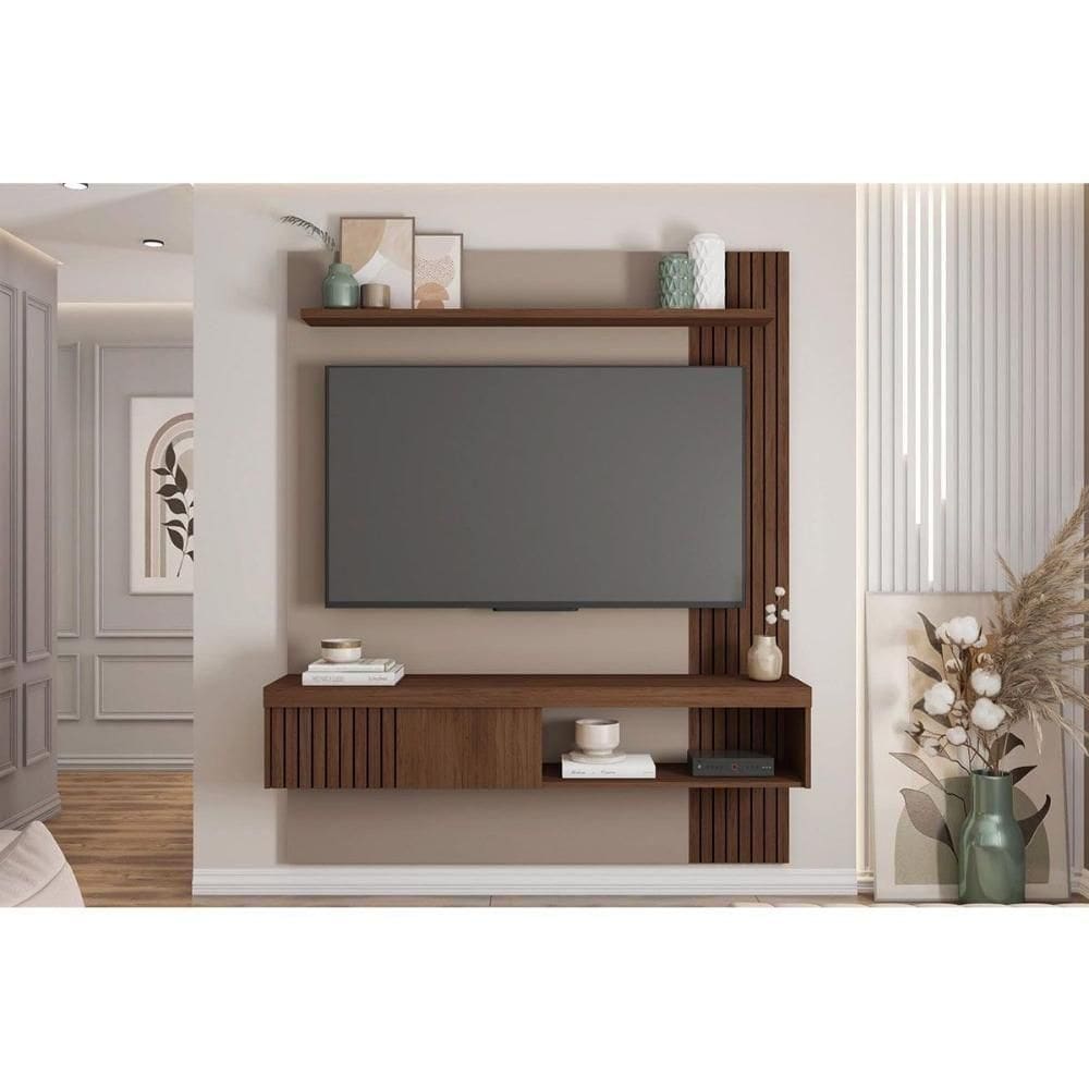 Rack Bancada C/ Painel P/ Tv Até 65 Pol Jade Ripada 150x183cm Fendi/havana - Caemmun
