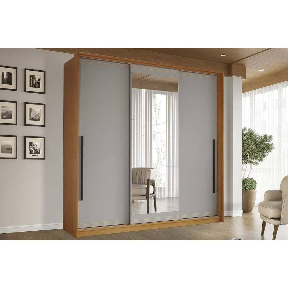 Guarda Roupa 3 Portas De Correr (1 C/ Espelho) E 4 Gavetas Valência Freijo/cinza - Politorno