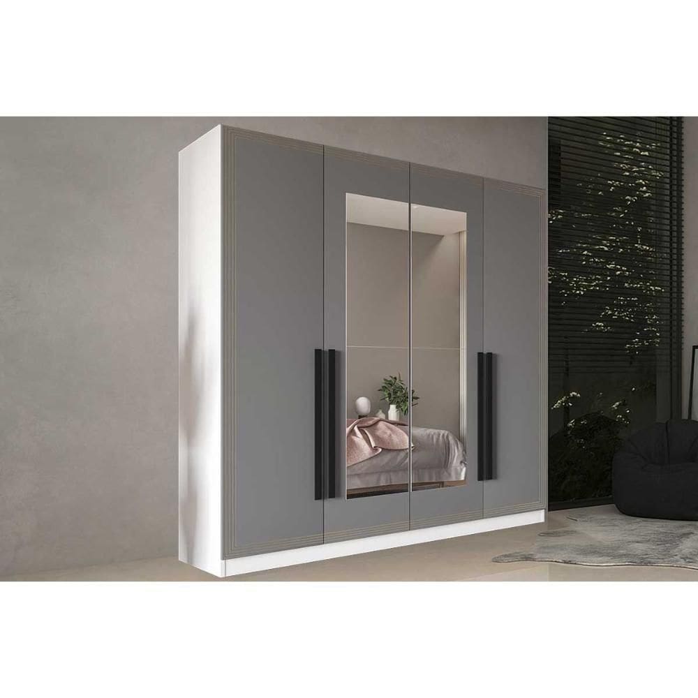 Guarda Roupa Casal 4 Portas (2 C/ Espelho) E 4 Gavetas Valência Branco/cinza - Politorno