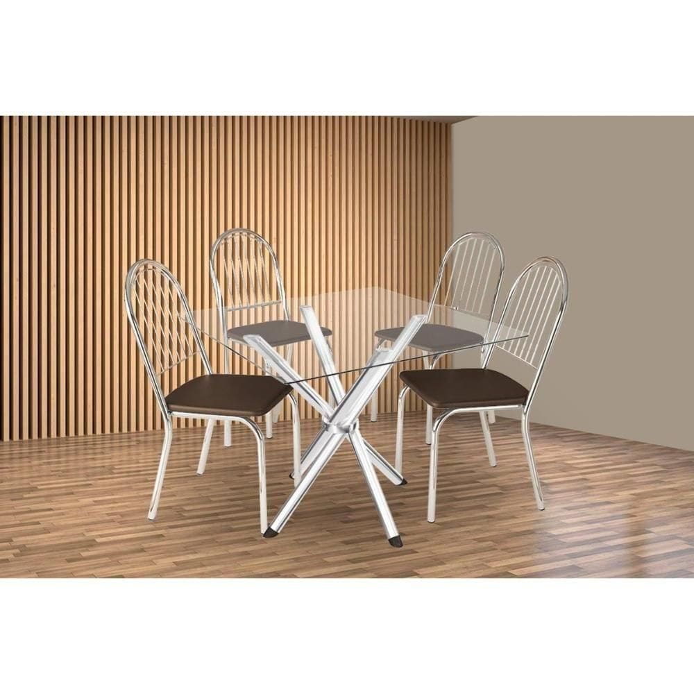 Sala De Jantar Completa Volga C/ Tampo De Vidro 90cm E 4 Cadeiras Noruega Cromada - Courano Marrom - Kappesberg