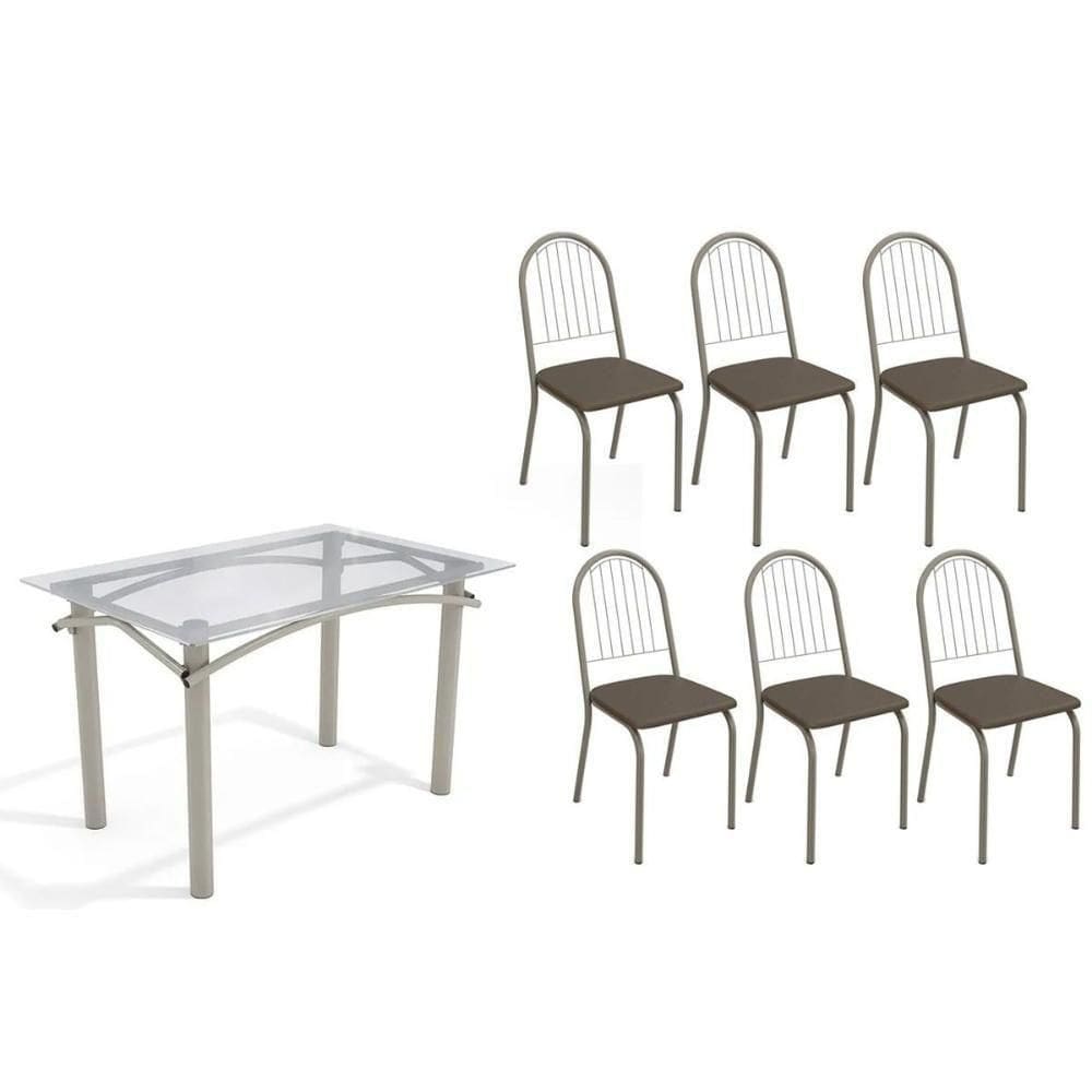 Sala De Jantar Completa Elba C/ Tampo De Vidro 120cm E 6 Cadeiras Noruega Niquel - Courano Marrom - Kappesberg