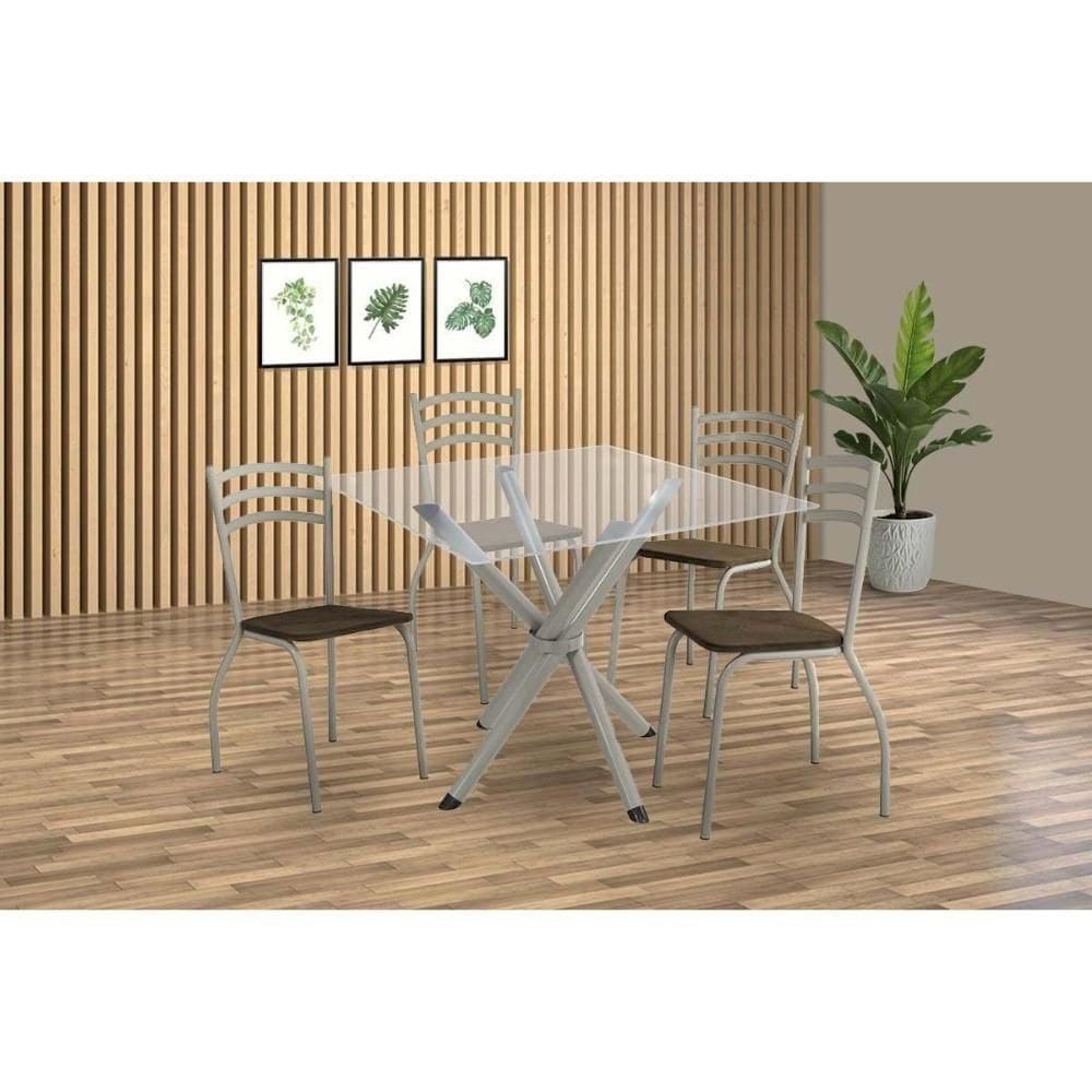 Sala De Jantar Completa Volga C/ Tampo De Vidro 90cm E 4 Cadeiras Portugal Niquel - Courano Marrom - Kappesberg