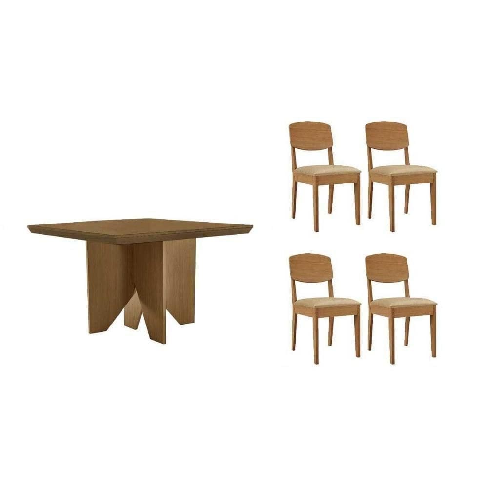 Sala De Jantar Completa Nevada C/ Tampo Madeirado Canto Curvo 90x90cm E 4 Cadeiras Havana Naturale - Linho Bege - Rufato