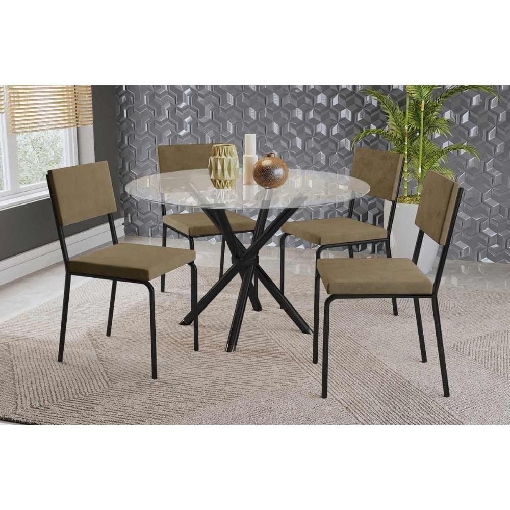 Sala De Jantar Completa Volga C/ Tampo De Vidro 95cm E 4 Cadeiras Zaria Preto - Suede Bege - Kappesberg