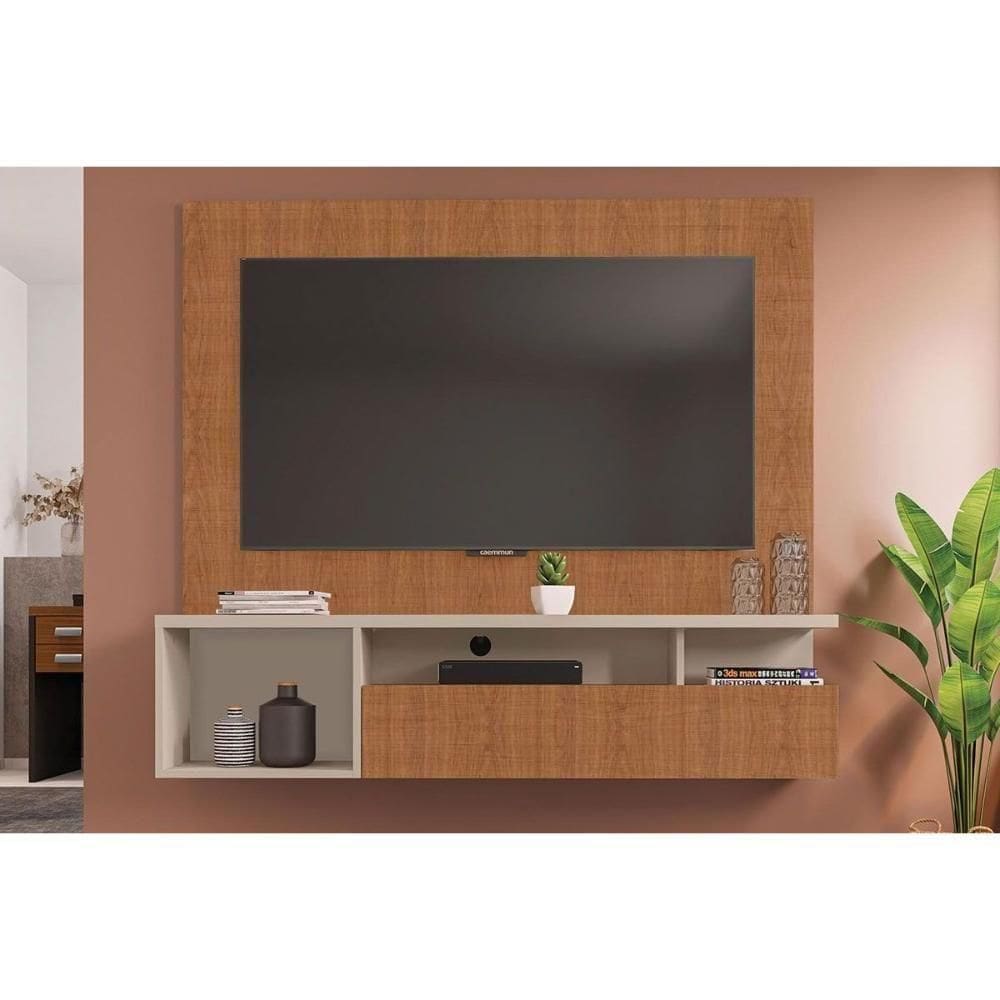 Rack Bancada C/ Painel P/ Tv Até 55 Pol Brasil Nichos 136x122cm Freijo/off White - Caemmun