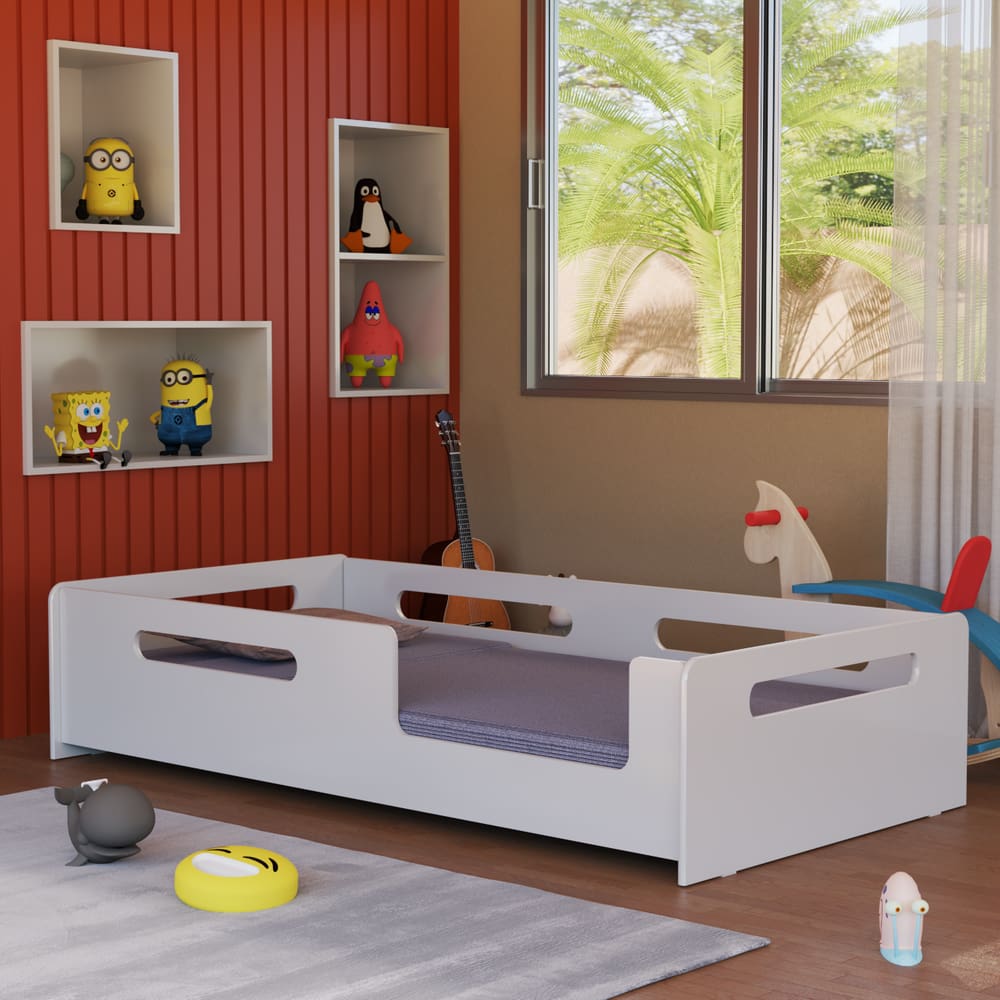 Cama Baixa Solteiro Para Transição Berço Proteção Lateral Montessoriana Com Colchão
