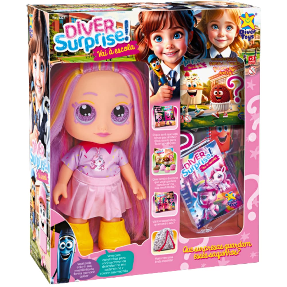 Boneca Diver Surprise Vai a Escola com Acessórios Divertoys