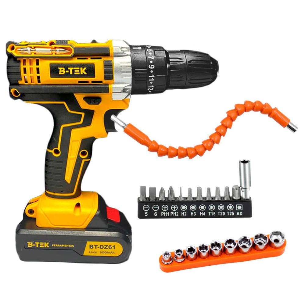 Furadeira Parafusadeira 21V Portátil, 2 Baterias Recarregáveis, Extensor Flexível Universal e Kit de Brocas e Bits para Uso Doméstico e Profissional