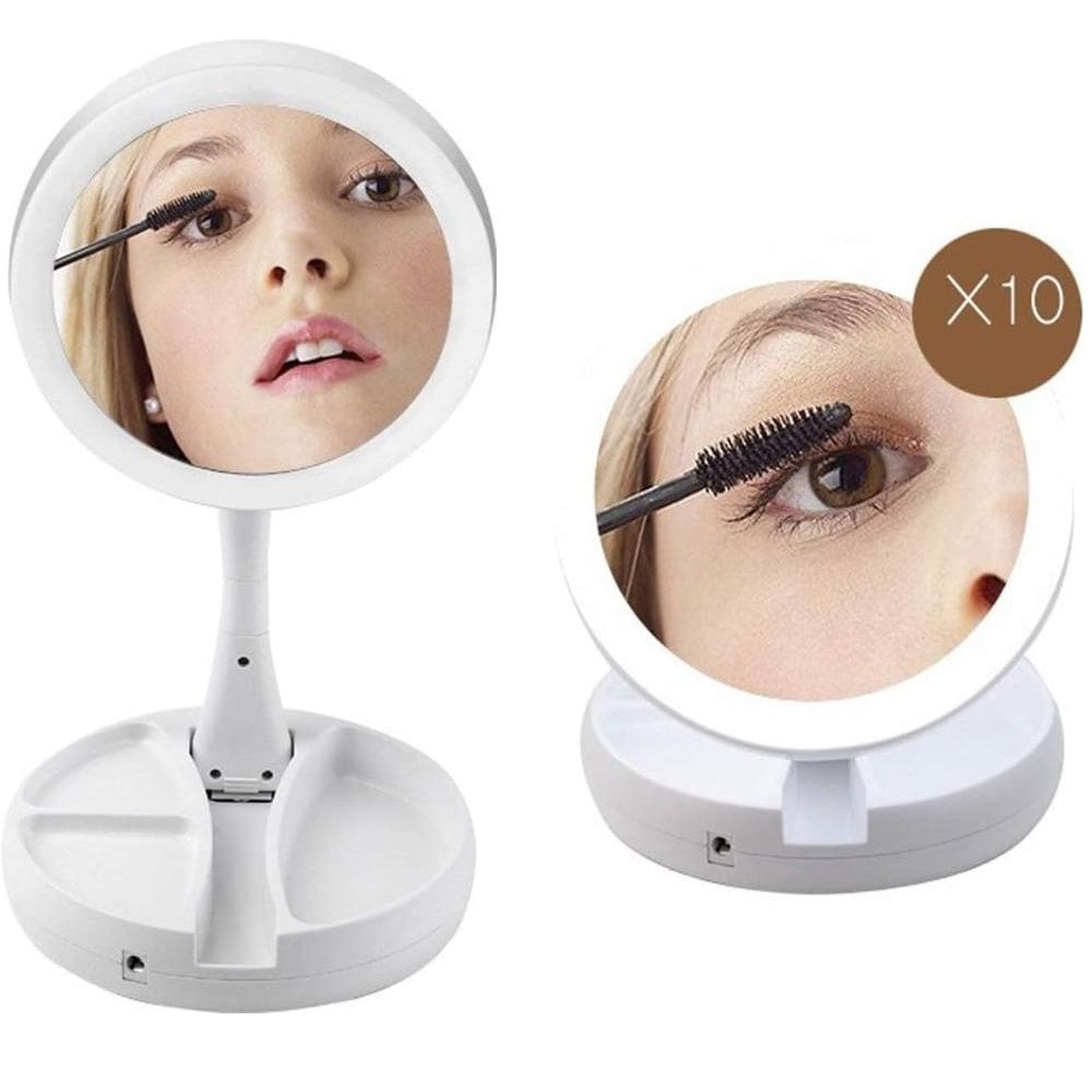 Espelho De Maquiagem Com Luz Led Aumenta 10X Dobravel e Portátil