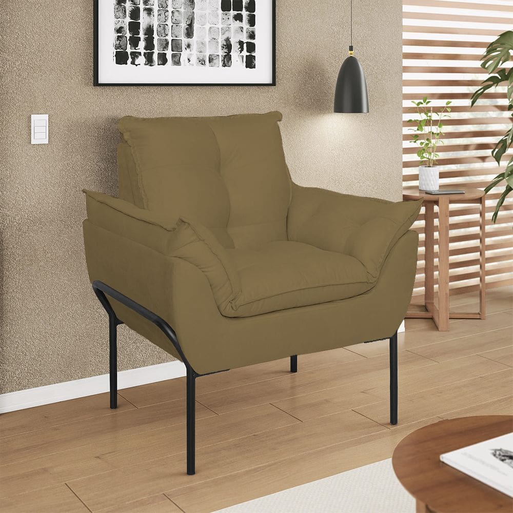 Poltrona Sofá Luxo Base Metal Preto Recepção Escritório