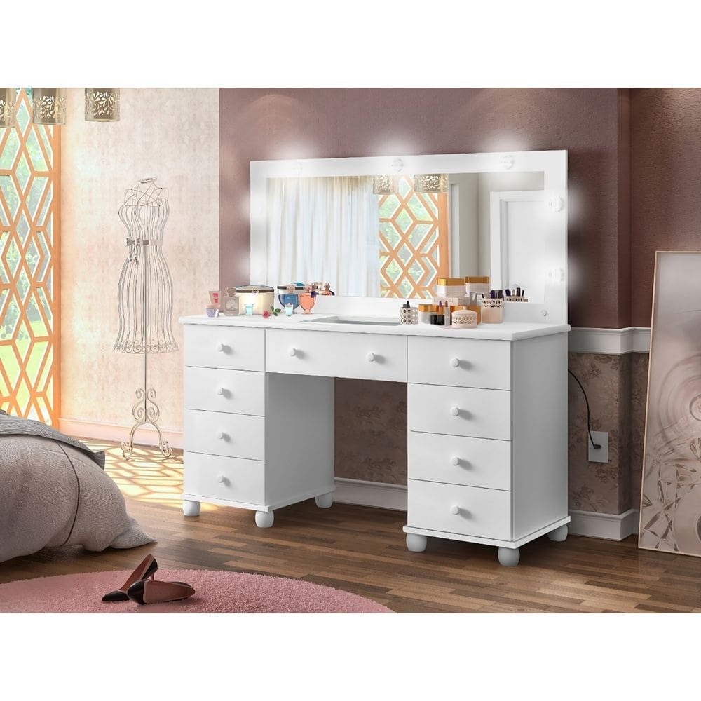 Penteadeira Camarim 9 Gavetas 1 Colmeia Espelho E LED