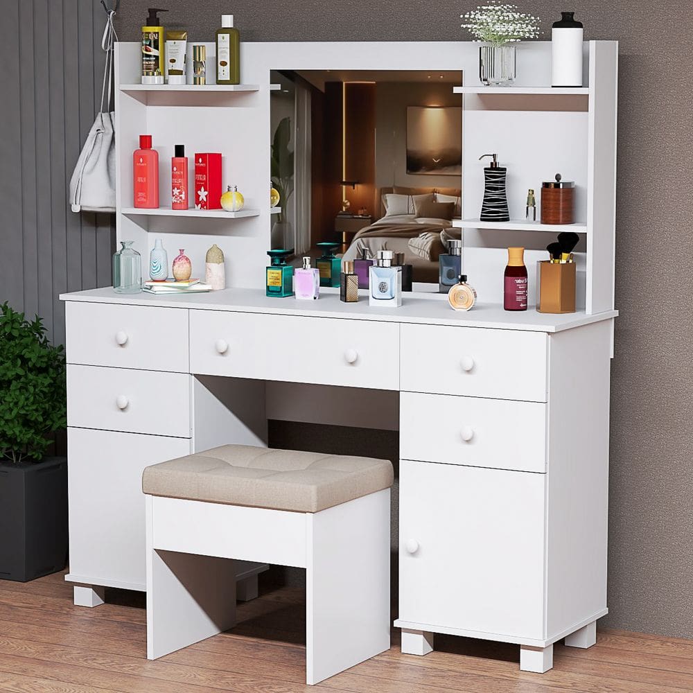 Penteadeira Camarim Com Espelho 5 Gavetas 2 Portas Banqueta Estofada Prateleiras Multifuncional