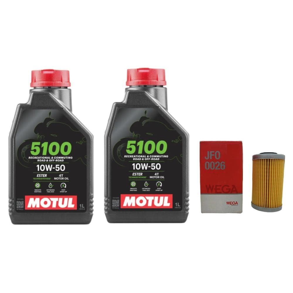 Kit TROCA ÓLEO 2L SEMI SINTÉTICO MOTUL 5100 4T 10W50 1L + 1 filtro Oleo JFO0026 WEGA BAJAJ DOMINAR 200 400