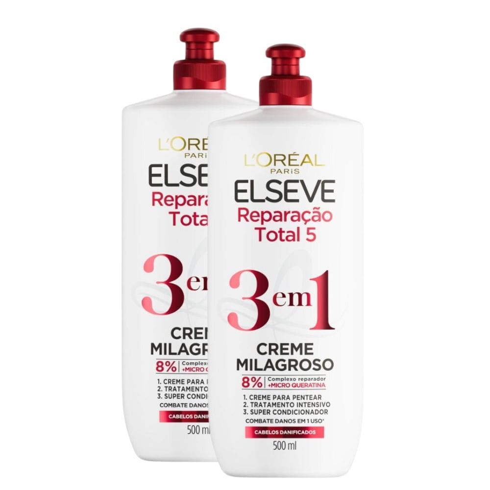 Kit 2 Creme para Pentear Elseve Milagroso 3 em 1 Reparação Total 5 com 500ml