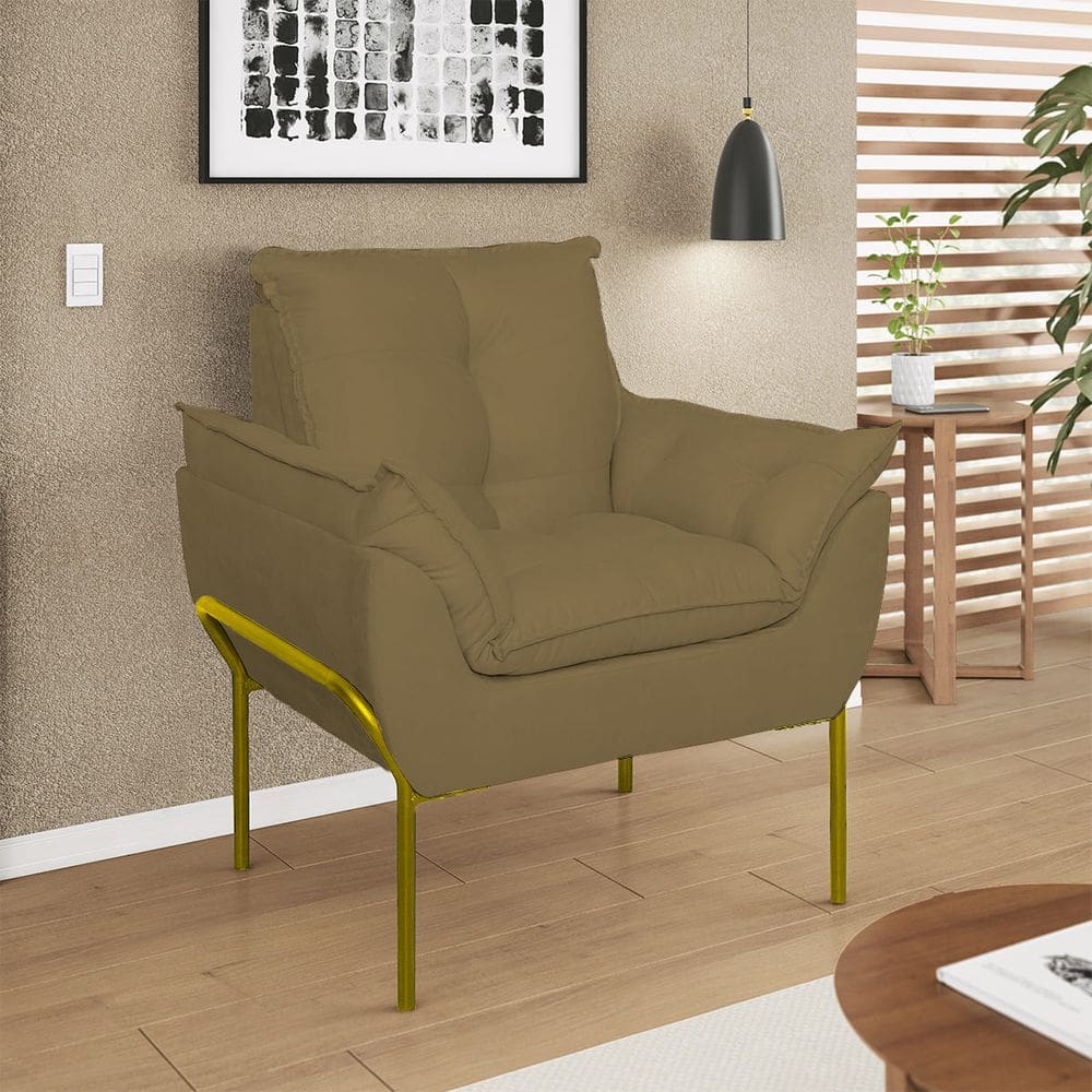 Poltrona Sofá Luxo Base Metal Dourada Recepção Escritório