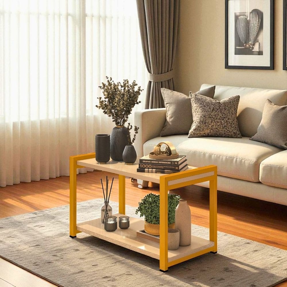 Mesa de Centro Atenas 2 Prateleiras MDF Estrutura de Metalon Moderna Funcional