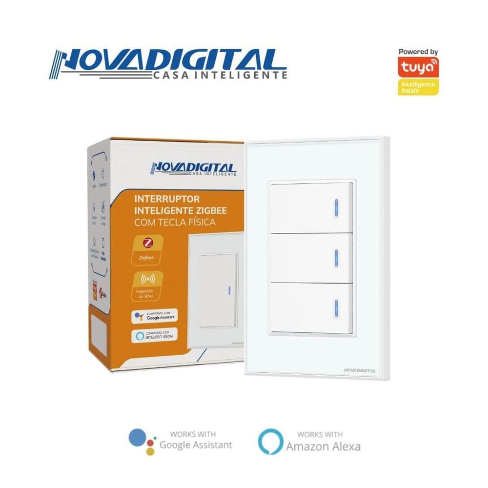 Interruptor tecla Fisica com Led 3 botões Zigbee Branco NovaDigital -NFZB-3-W