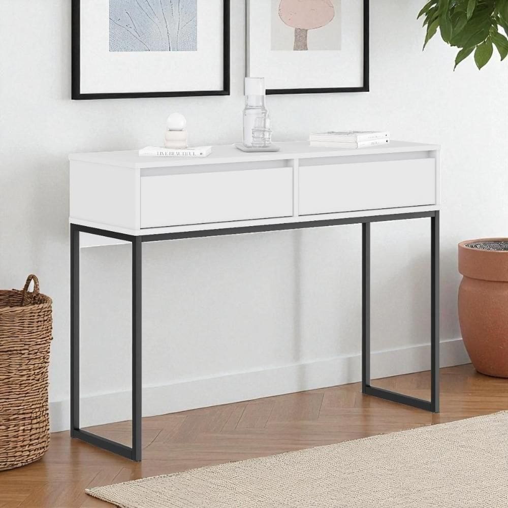 Aparador Moderno Estilo Industrial Com Base Metal 2 Gavetas - Branco Branco