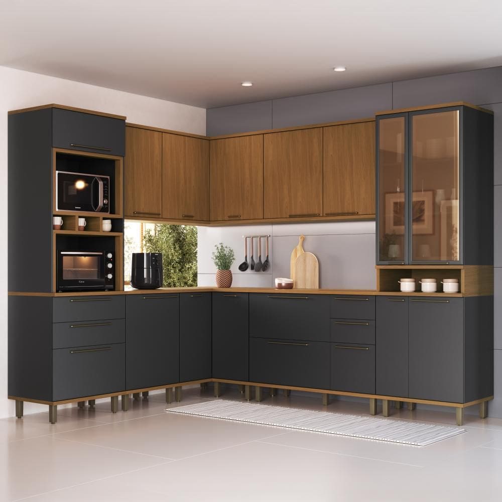Cozinha Modulada Completa Fidelitá França 8 Peças 483cm 17 Portas 4 Gavetas Com Tampo Freijó/grafite