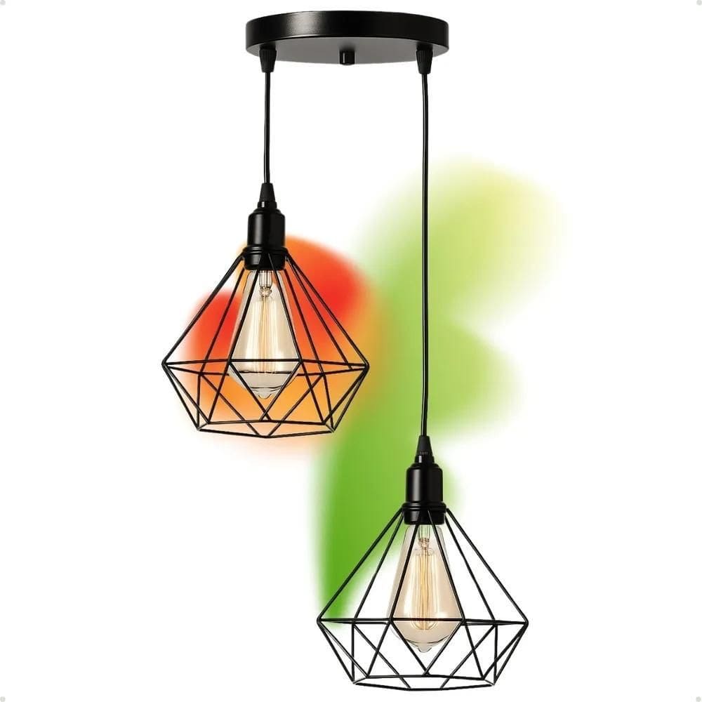 2X Pendente Lustre Diamante Aramado Duplo Preto Cabo 1M Luxo