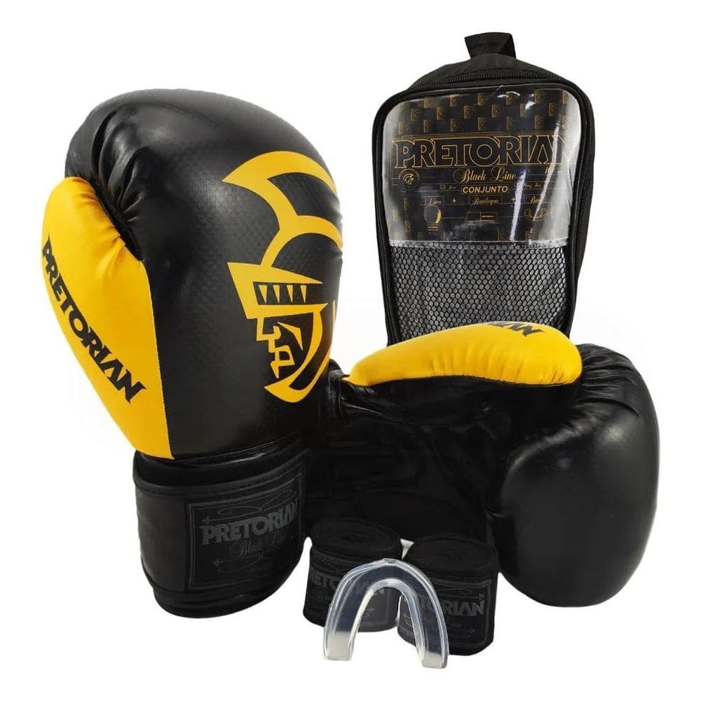 2X Kit Luva Muay Thai Pretorian Black Line + Bandagem + Buca