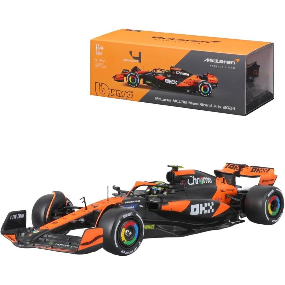 Miniatura Bburago McLaren F1 MCL38 Miami Grand Prix 2024 Lando Norris 4 1/24 c/ Piloto