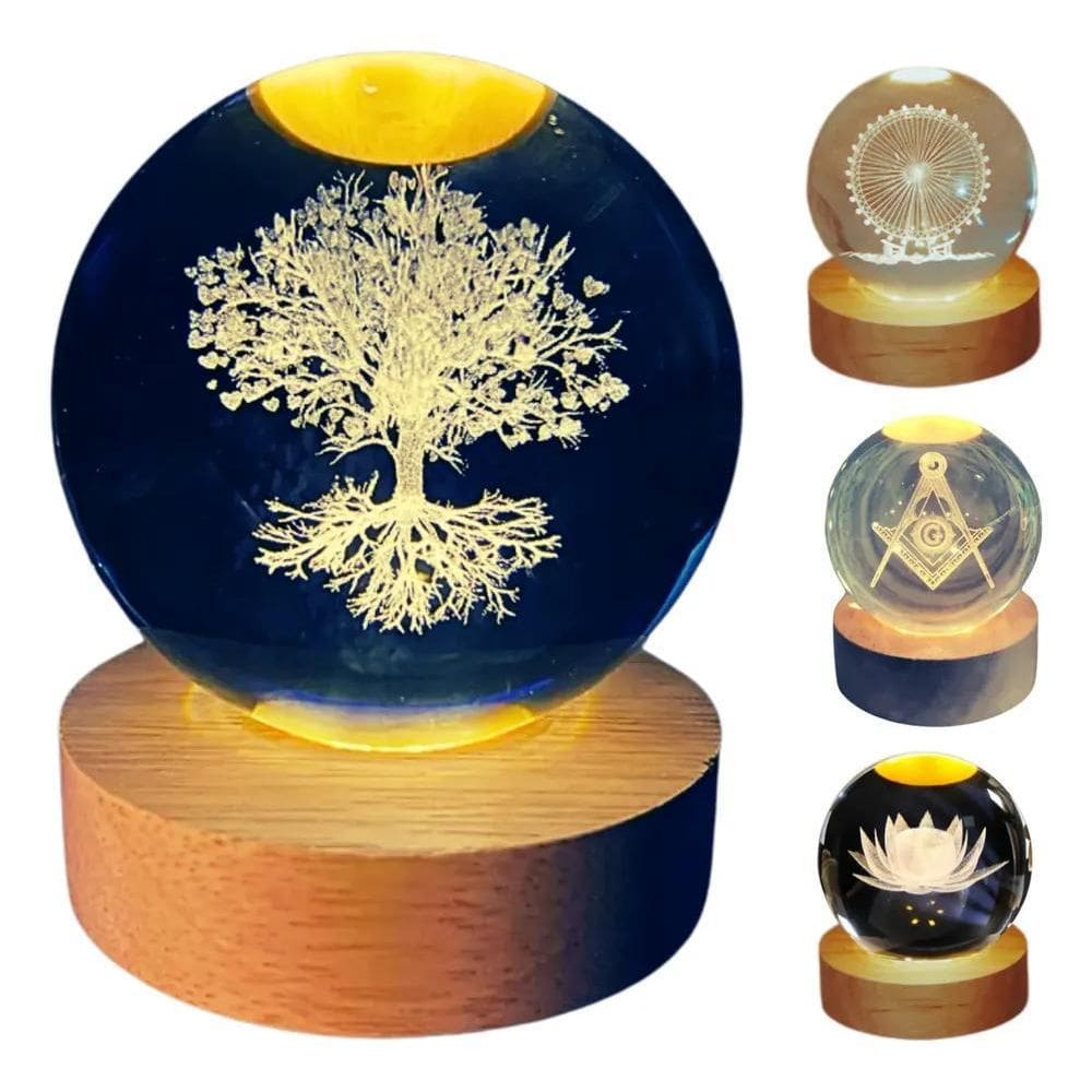 2X Luminária De Mesa Bola De Cristal 3D Base Madeira Decorat
