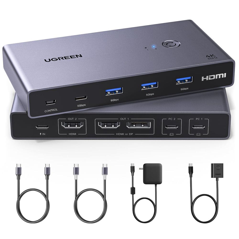 Comutador KVM USB-C UGREEN 2 monitores 2 notebooks 4 USB 3.0 4K @60Hz