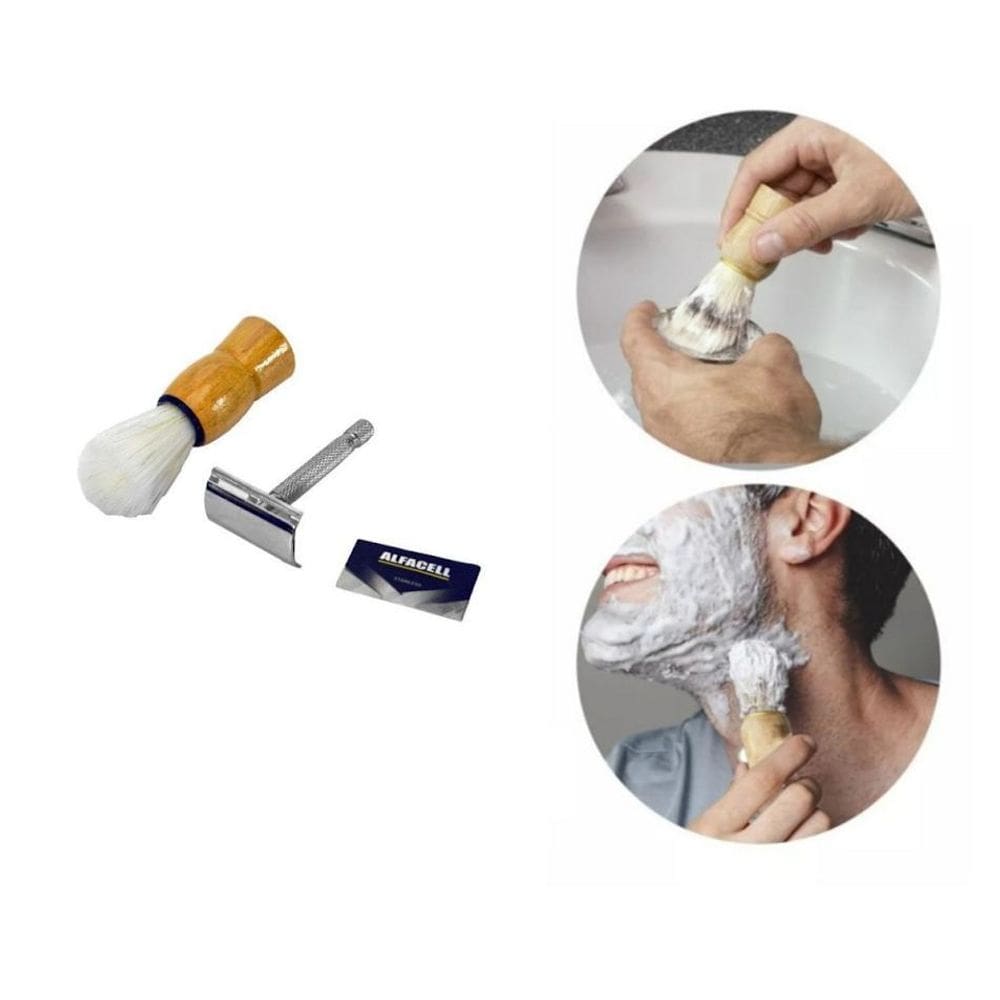 Kit Pincel Aparelho Barbear Forte Profissional Com Lâmina