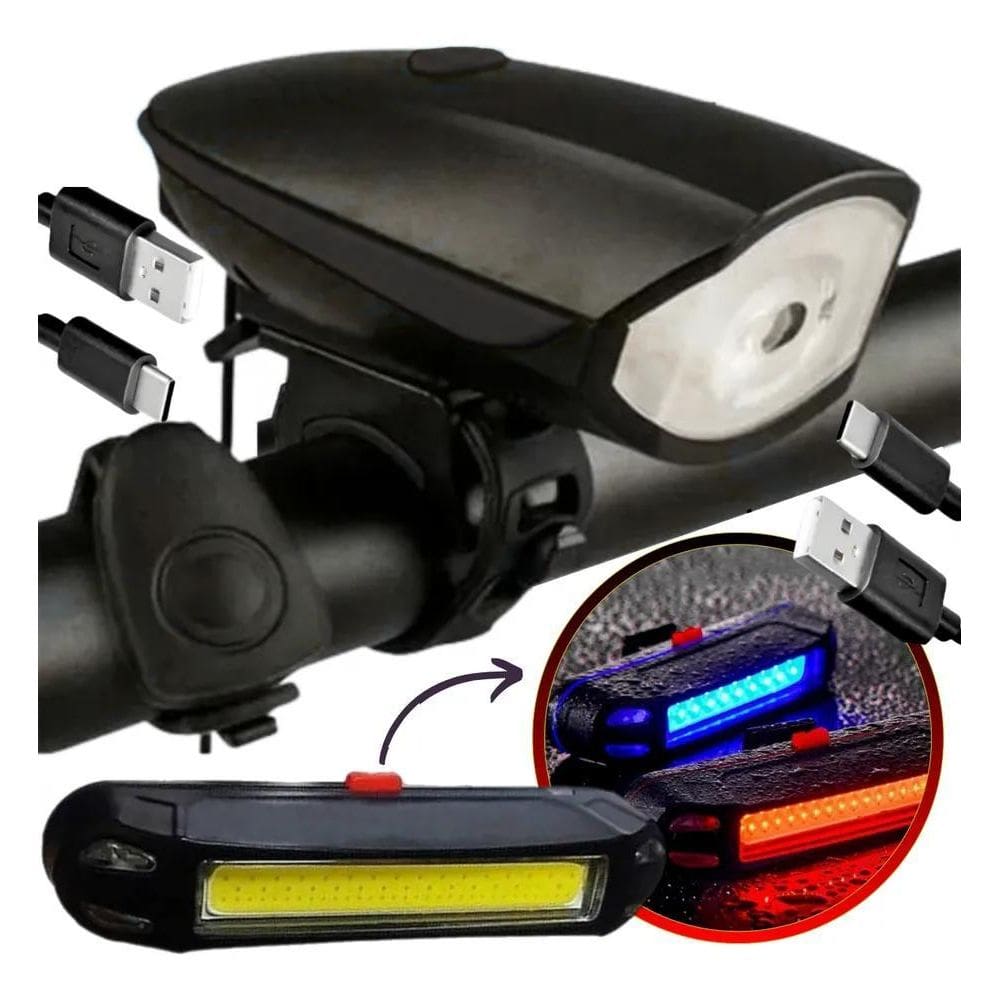 2X Kit Lanterna Farol Led Com Buzina Bike Recarregavel Usb