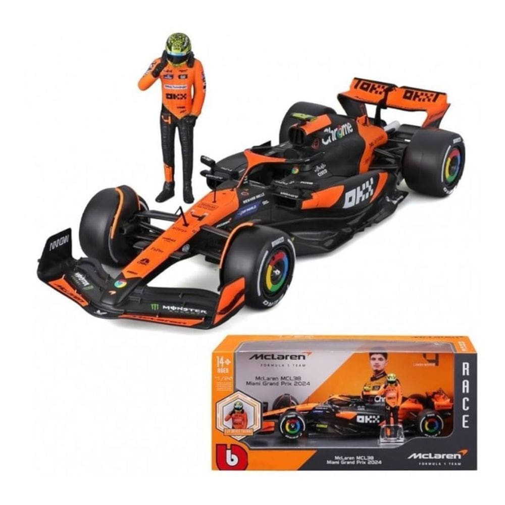 Miniatura Bburago McLaren F1 MCL38 Miami Grand Prix 2024 Lando Norris 4 1/24 c/ Boneco