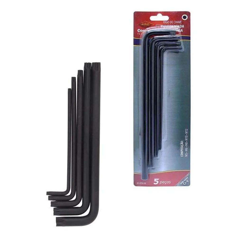 Jogo Chave L Estriada Multidentada Extra Longa 5 Peças Cr-V