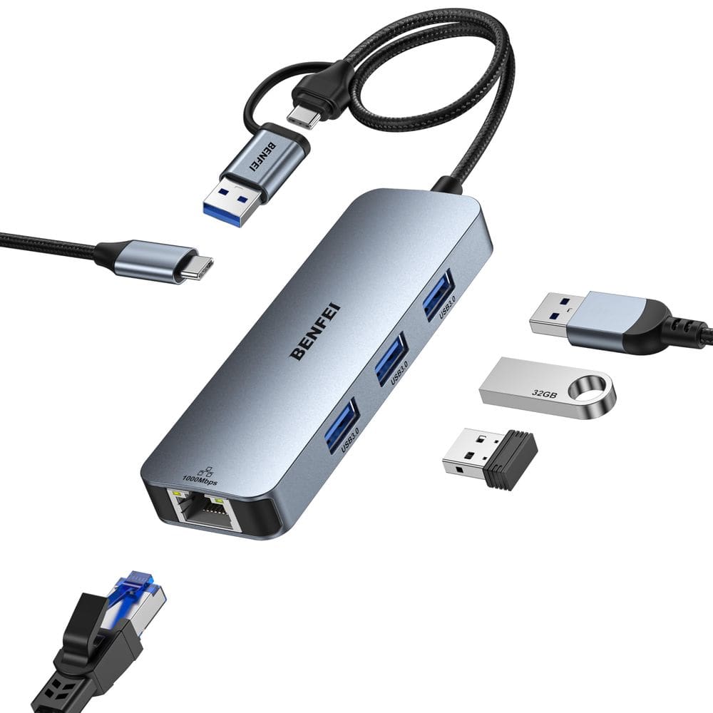 Adaptador USB-C USB 3.0 para Gigabit Ethernet + Hub USB 3.0 de 3 portas BENFEI