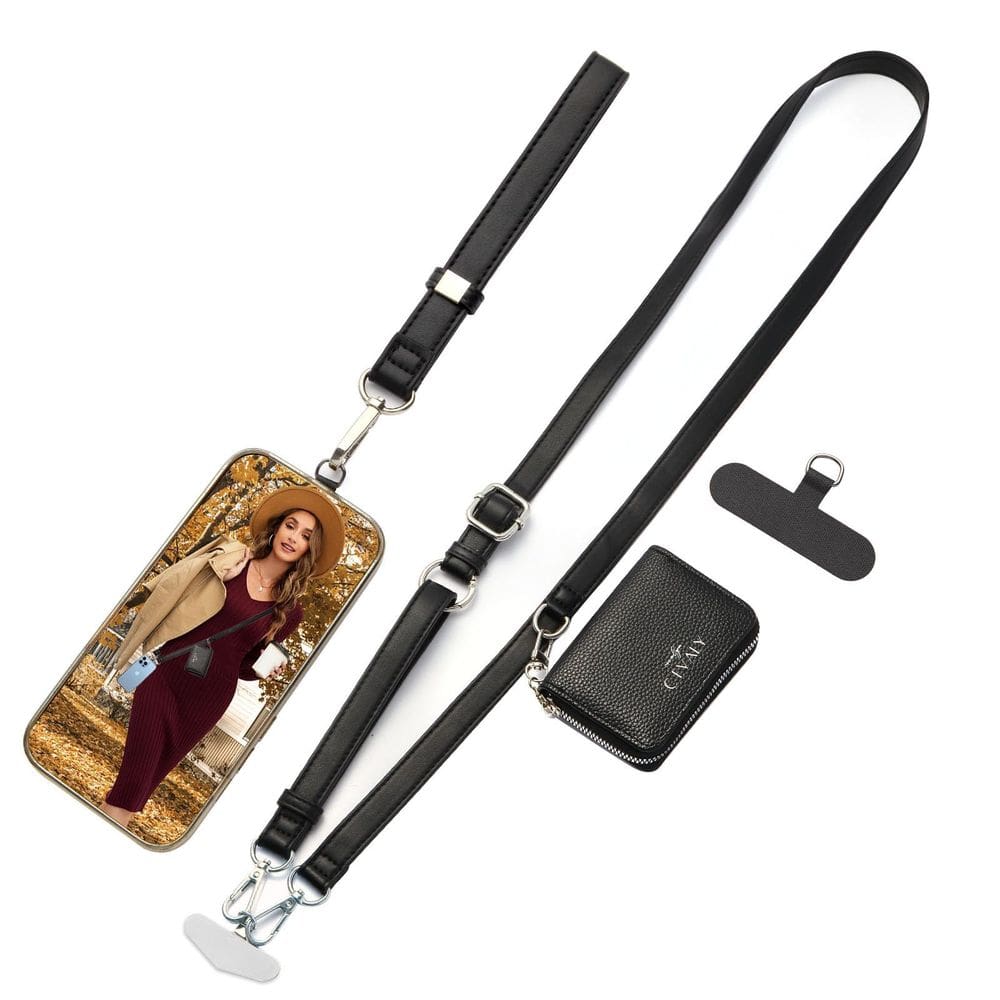 Alça de telefone com carteira, cordão de couro tiracolo (preta)