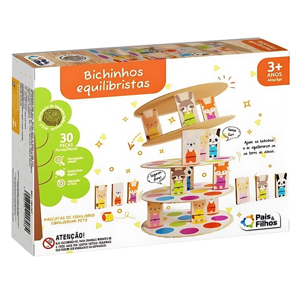 Jogo de Madeira Torre Bichinhos Equilibristas 56 Peças - Pais e Filhos